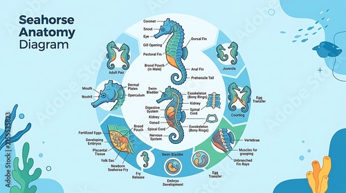 Educational seahorse anatomy and biological life cycle diagram
