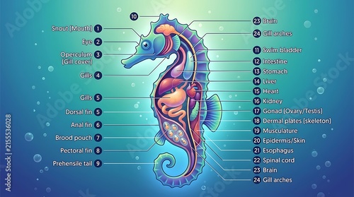 Anatomical diagram of a seahorse showing internal organs