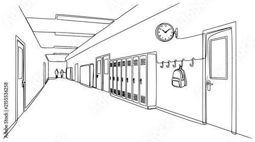 School hallway with lockers, clock, and doors, simple line drawing, transparent background