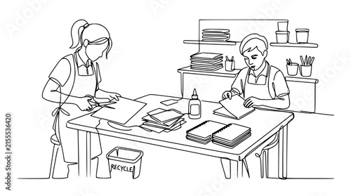 Children crafting, cutting paper, glue bottle on table, art class activity, isolated
