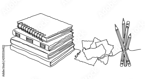 Stack of Notebooks, Torn Paper, and Pencils - Minimalist Line Art