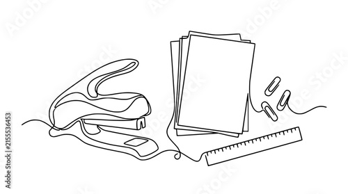 Continuous Line Drawing: Stapler, Paper Stack, Ruler, Paperclips on Transparent Background