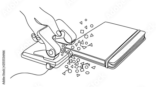 Hand using hole puncher to create geometric shapes from notebook paper, isolated on white