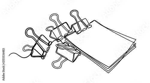 Binder Clips Holding Stack of Paper Sheets, Isolated Outline Drawing