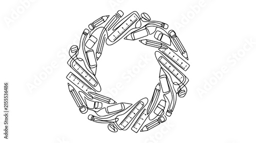 Circular arrangement of pencils and rulers, isolated on transparent background