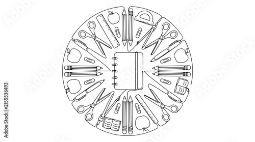 Circular arrangement of school supplies, stationery, isolated on white background