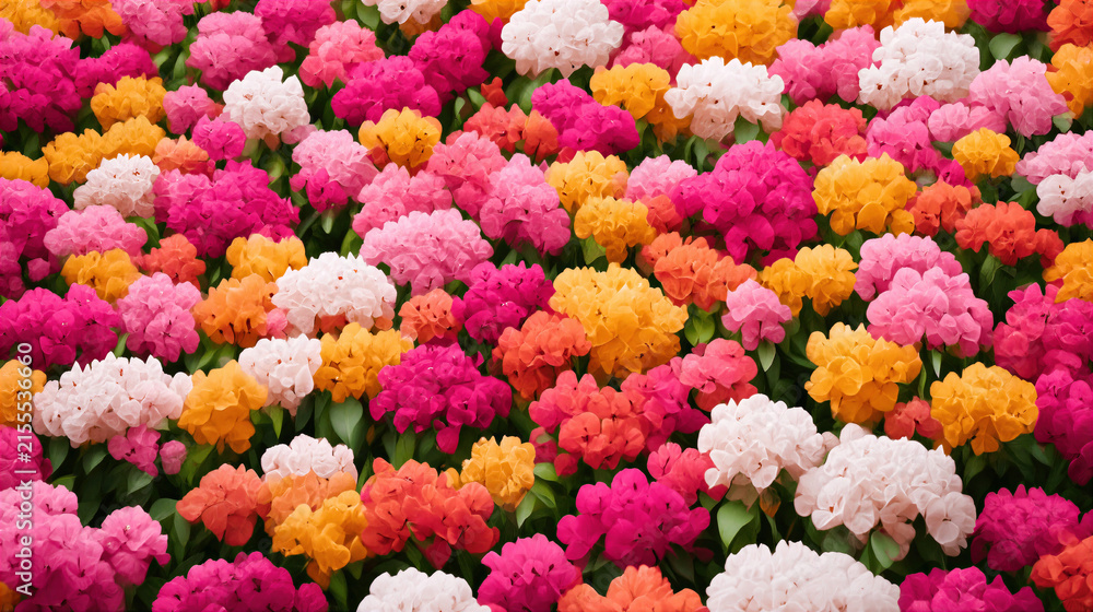 Fototapeta premium Colorful flower garden with vibrant pink, orange, yellow, and white blossoms in full bloom