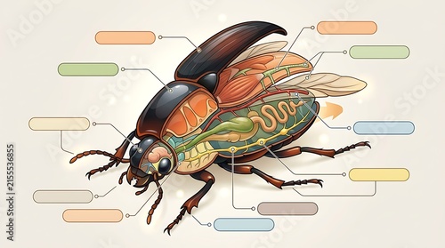 Internal anatomy of a beetle with blank labeling boxes
