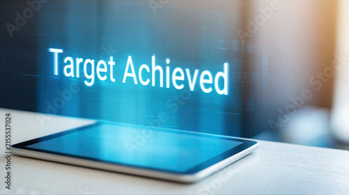 Target achieved message glowing above digital tablet on white desk in modern office