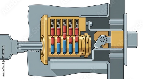 Internal mechanism of a pin tumbler door lock showing key operation