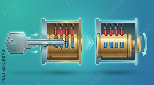 Pin tumbler lock mechanism being unlocked by a key