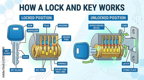 Diagram explaining the internal mechanism of a lock and key