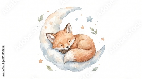 Cute watercolor illustration of a little fox sleeping peacefully on a crescent moon.