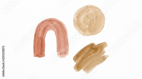 Abstract watercolor shapes in earthy terracotta and beige tones on white background.
