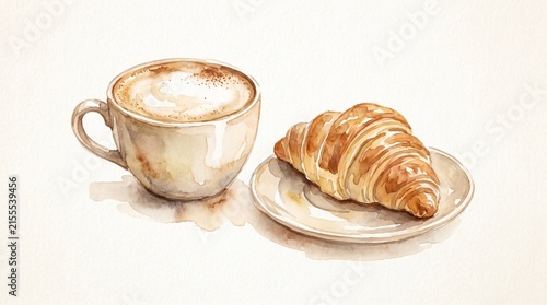 A beautiful watercolor illustration of a fresh croissant and a cup of hot coffee.