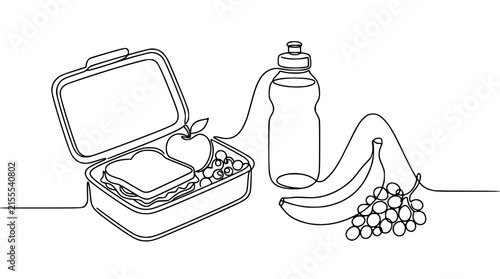 One Line Drawing: Healthy Lunchbox with Fruit and Water Bottle, Isolated