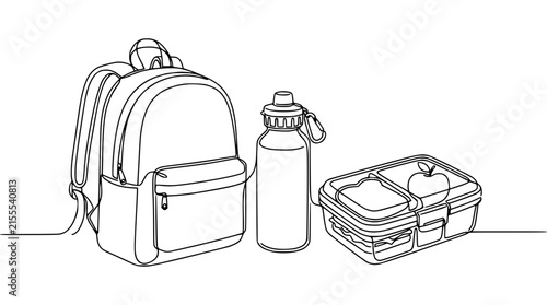 School Backpack, Lunch Box, and Water Bottle Line Art Isolated