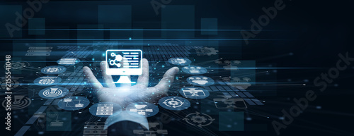 Software engineer handhold Computer Science icon mapping complex logic. Developer using modern laptop analyzing advanced programming languages and system design. Digital tech innovation.