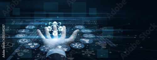Quadro su tela Crypto developer handhold Blockchain icon showing decentralized network