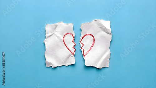 Hand-drawn broken heart in red ink on two torn white paper pieces against a blue background, symbolizing heartbreak, separation, sadness, loss, and relationships.