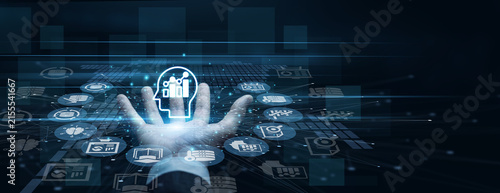 Data strategist handhold Business Intelligence icon projecting market graphs. Analyst using smart pad analyzing corporate data metrics and predictive sales trends. Smart company growth.