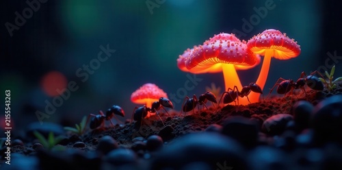 Bioluminescent fungi illuminate a colony of ants , stock, bioluminescence