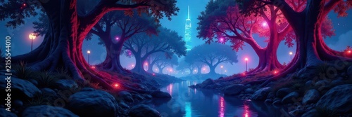 Glowing bioluminescent roots, tangled, futuristic city backdrop, neon, abstract, scene