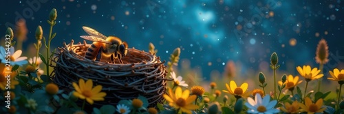 Honeybee nest nestled amongst wildflowers under a brilliant, glittering night sky , wildflower meadow, floral
