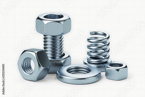 3d Cartoonish Industrial metal bolt nut washer and spring isolated on white background 