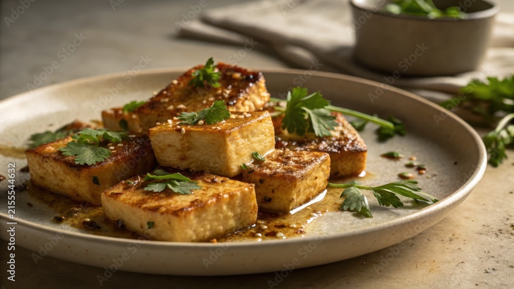 Fototapeta premium Golden Pan Seared Tofu Cubes Glazed With Savory Sauce