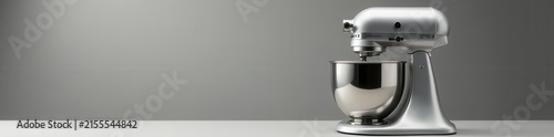 Silver stand mixer with chrome bowl, stainless steel design, silver, baking