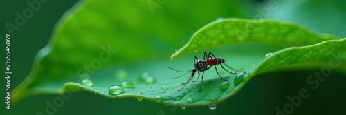 Tiny mosquito sheltered beneath a large rain-soaked leaf , nature, hidden