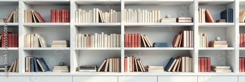 White minimalist bookshelf with neatly arranged books, style, bright