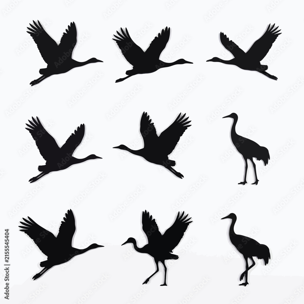 Naklejka premium Flying Crane Bird Silhouettes Set Vector Illustration of Wild Herons in Various Poses
