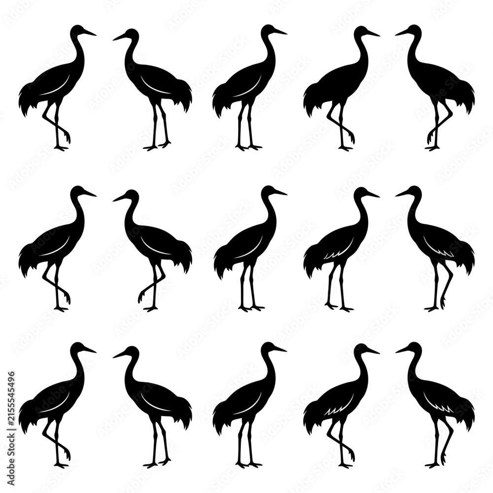 Naklejka premium Set of black crane bird silhouettes isolated on white background for graphic design