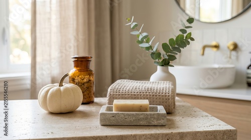 Small decorative pumpkin, woven basket, white ceramic soap dish, green potted plant on bathroom countertop