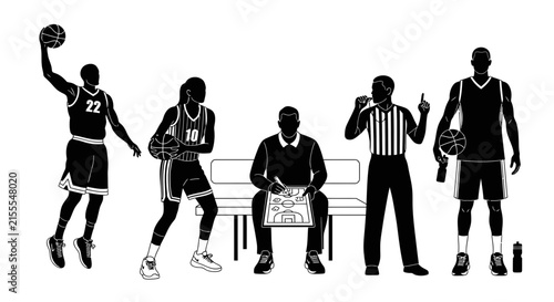 A black and white graphic illustration of five figures a basketball player a female player a coach a referee and a player