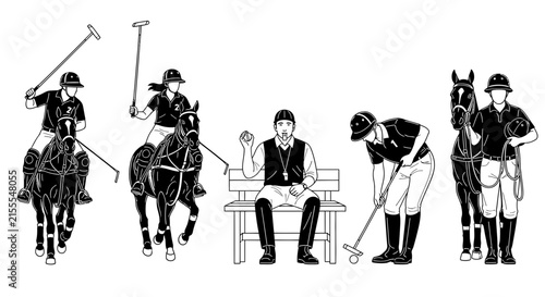A black and white illustration of four polo players and a seated official holding a ball and whistle on a bench