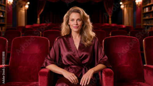 Elegant Blonde Woman Relaxing in a Red Velvet Private Movie Theater