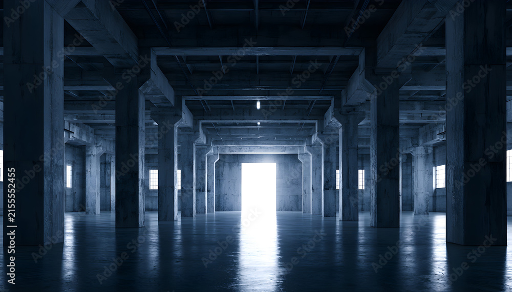 Fototapeta premium Wide empty industrial warehouse interior with concrete structure, massive pillars. Bright light shines through far exit doorway. Sombre blue tones fill cold minimalist hall space. Large vacant