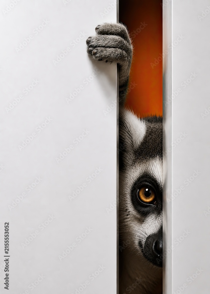 Naklejka premium Ring tailed lemur peeking through narrow gap with paw and copy space