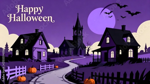 Happy halloween text banner with purple haunted village landscape, full moon and pumpkins