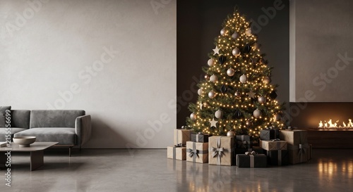 Elegant Christmas Tree with Golden Lights and Copy Space