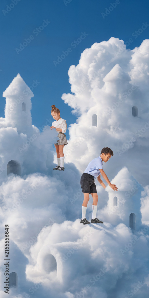 Naklejka premium Kids exploring cloud castle and stairs in bright blue sky. Concept of curiosity, fantasy storytelling, educational games, confidence and children publishing projects.