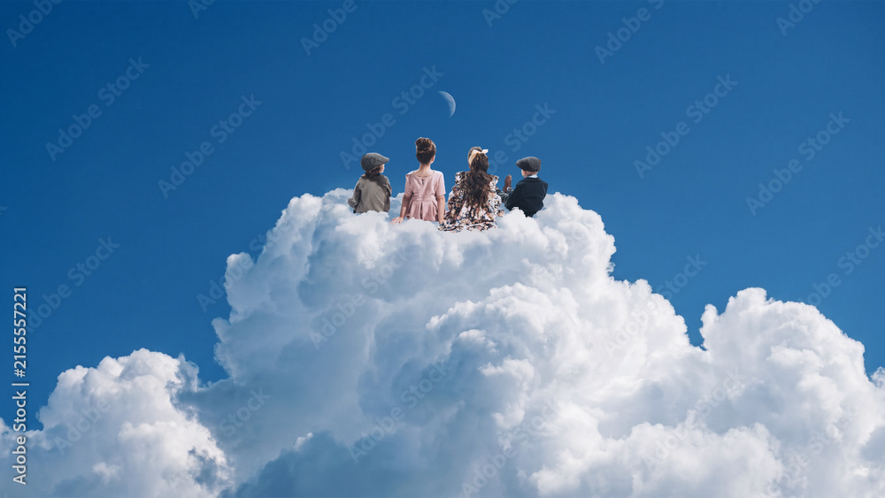 Fototapeta premium Children sitting together on top of giant cloud mountain. Concept of belonging, friendship, shared dreams, emotional support and inclusive childhood campaigns.