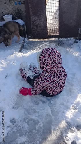 Child and dog. Child playing with snow in winter, part of a series
