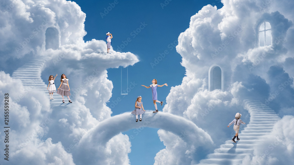 Fototapeta premium Children playing across bridges swings and houses made of clouds. Concept of collaborative play, social learning, creativity, inclusive playgrounds and family entertainment.