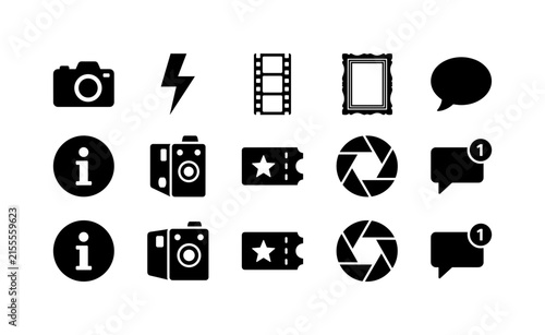 Photo Booth Media, solid glyph icon set featuring camera, flash, photo strip, portrait frame, speech bubble, information icon, retro camera, event card, snapshot symbol, message badge, covering