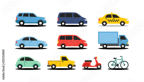 Set of flat vector illustration of various city transport including cars a van a truck a scooter and a bicycle