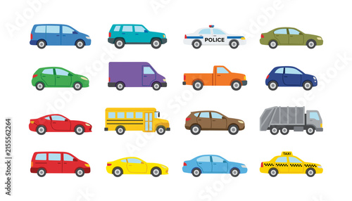 Set of flat vector illustration of various city vehicles including cars a police car a van a pickup truck a school bus a garbage truck and a taxi